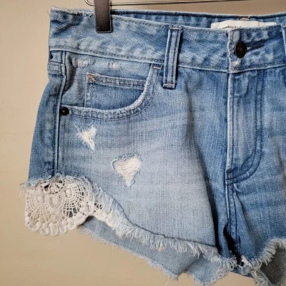 Abercrombie & Fitch Lace Crochet Distressed Cutoff Denim Jean Shorts - Picture 3 of 12